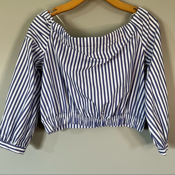 ZARA Basic Collection Blue Striped Blouse Off The Shoulder Crop Medium - Picture 7 of 8